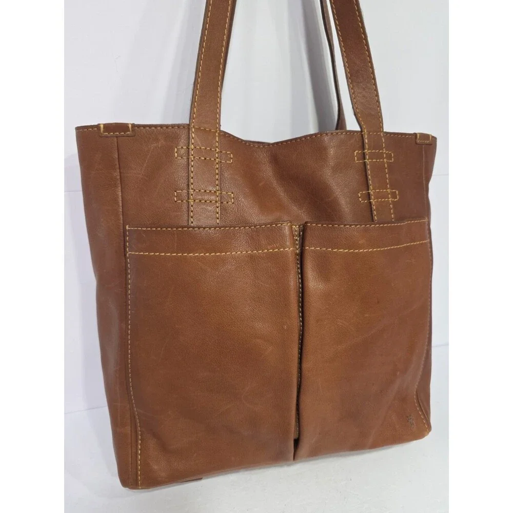 Frye Mindy Brown Leather Tote Bag XL with Pockets X6202 Casual Travel Bag